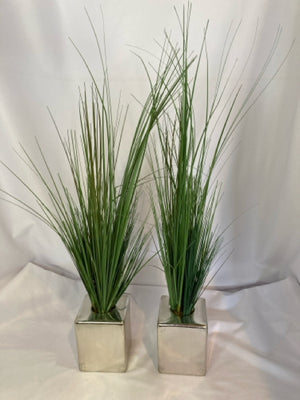 Pair Green/Silver Grass In Planter Faux Plant