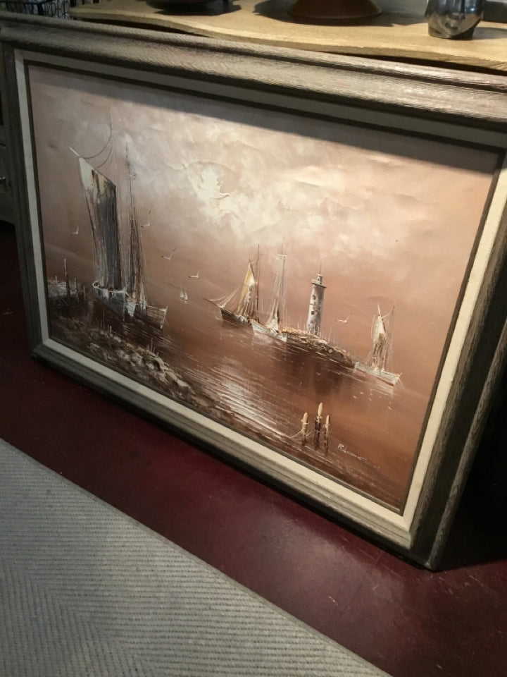Mid Century Tan/White Boat Framed Art