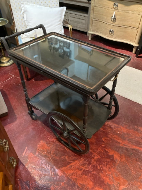 Vintage Wood Glass Top Espresso Cart
