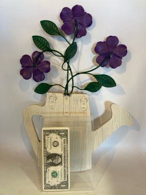 Watering Can Wood & Metal Flowers Cream/Purple Wall Decoration
