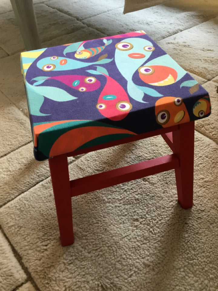 Whimsical Red/Multi Fish FootStool/Ottoman