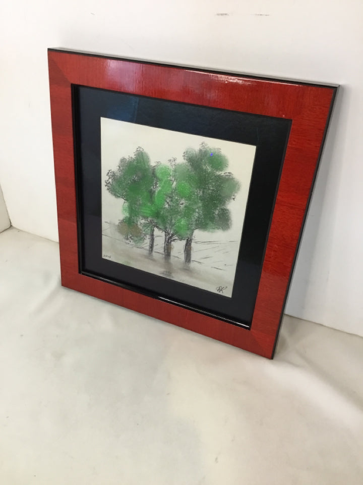 Signed Green/Red Trees Framed Art