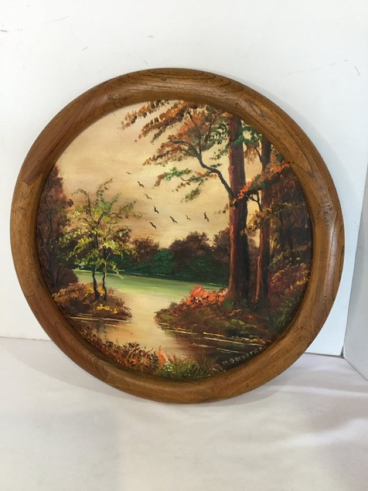 Signed Fall Brown/Orange Painting Lake Scene Round Framed Art