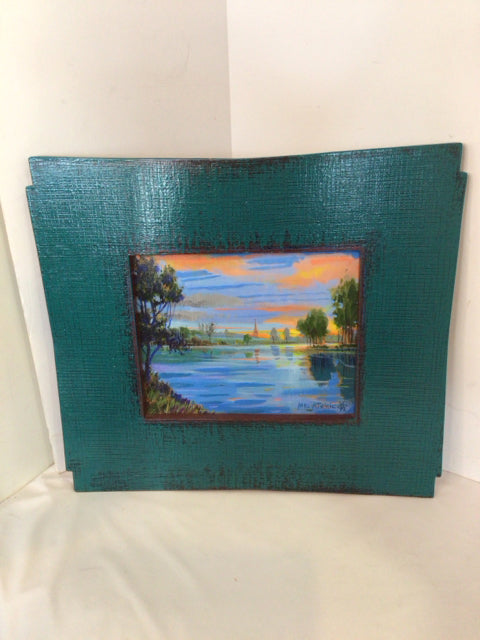 Original Blue/ Brown Lake Trees Framed Art