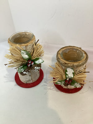 Candle Holder Red/white Birch Holly Pair Holiday Item