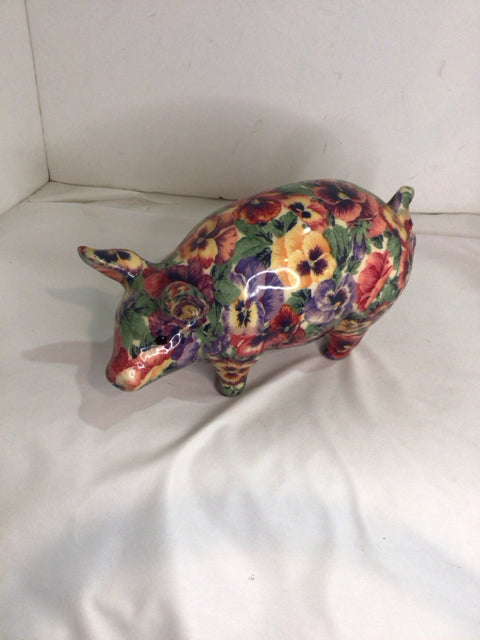 Joan Baker Whimsical Multi-Color Ceramic Pig Pansies Statue