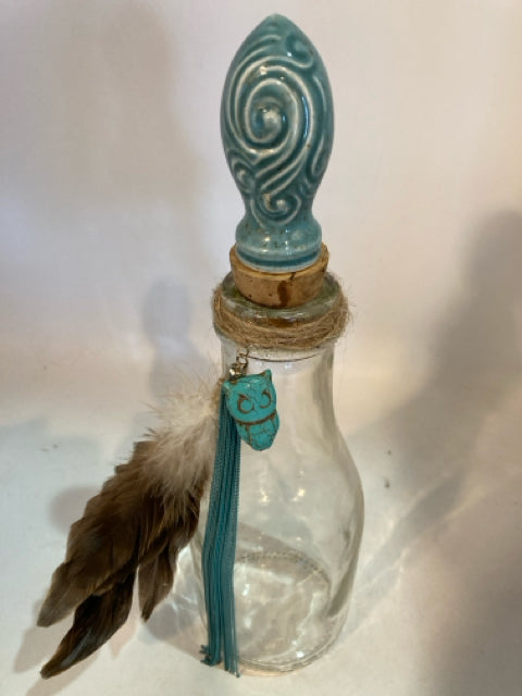 Funky Clear/Aqua Glass Feather Bottle