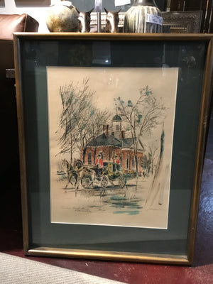 Vintage Cream/Green Street Scene Framed Art