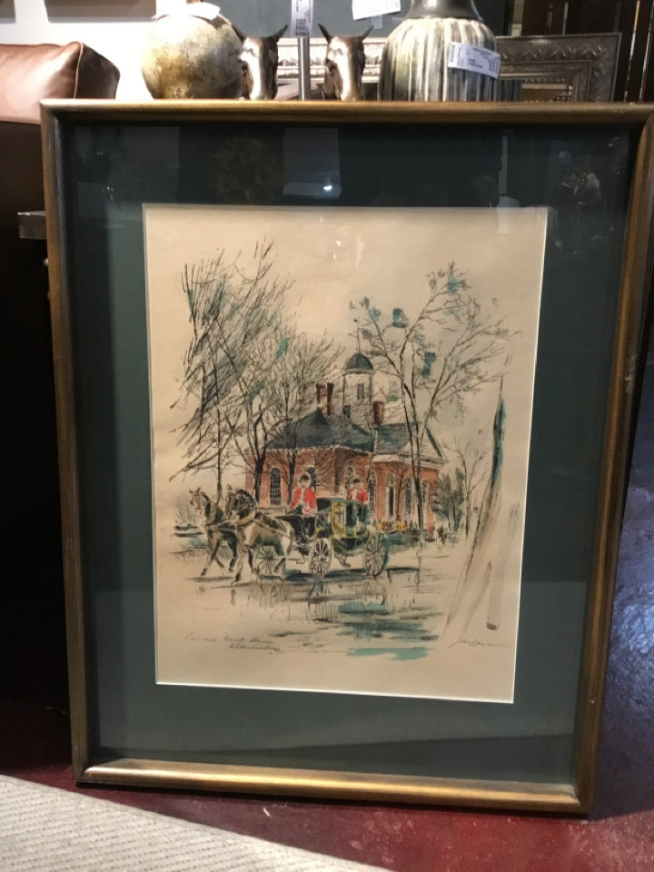 Vintage Cream/Green Street Scene Framed Art