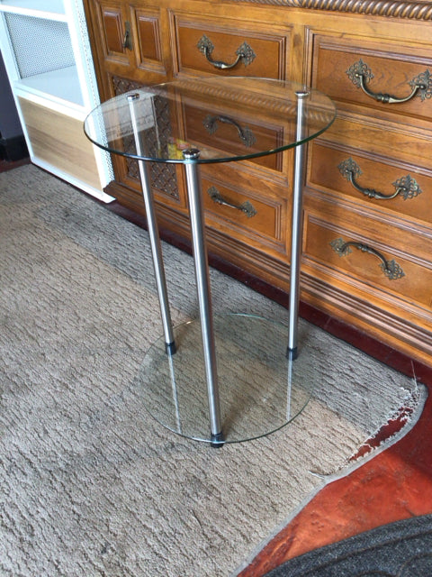 Side Glass/Metal Round Tiered Clear/Silver Table