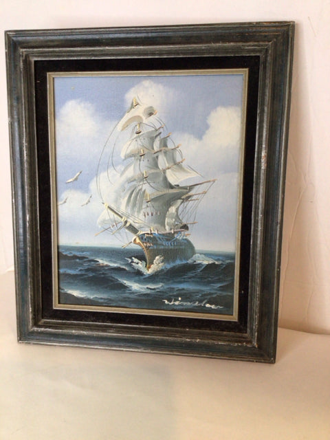 Signed Original Blue/White Oil painting Ship Framed Art