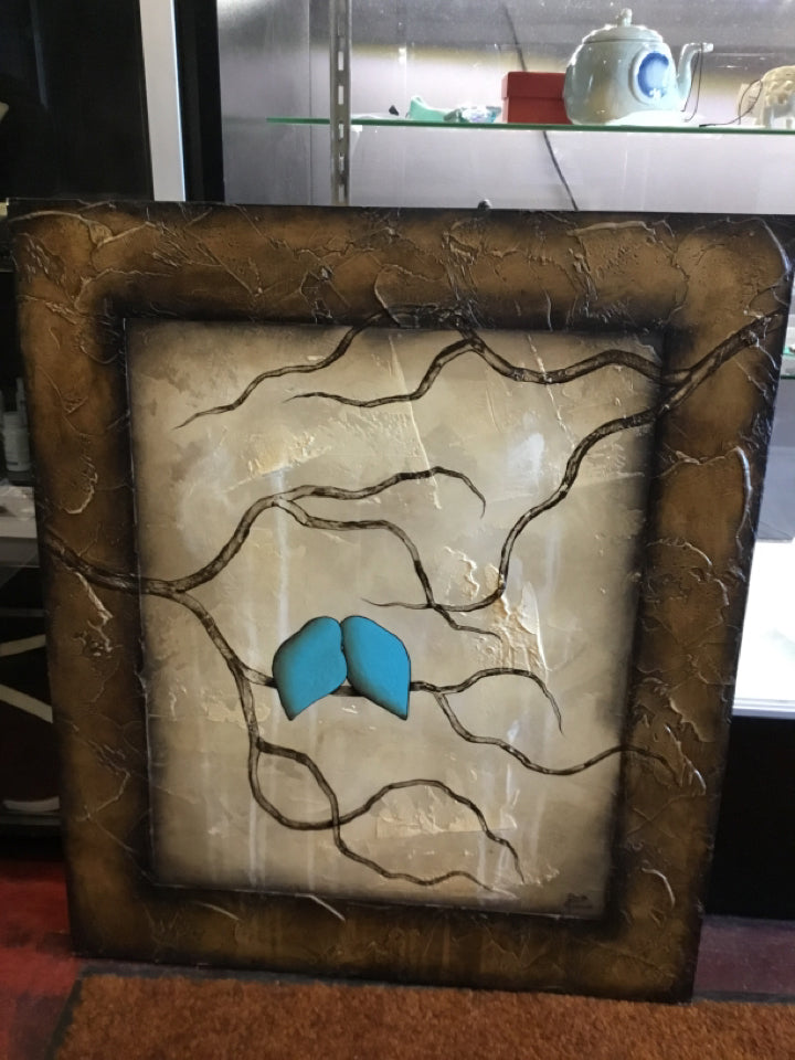 Modern Brown/Blue Birds Signed Stretch Canvas Art