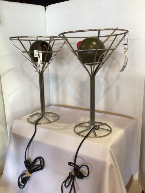 Vintage Pair Silver/Green Metal Martini As Is Lamp Set