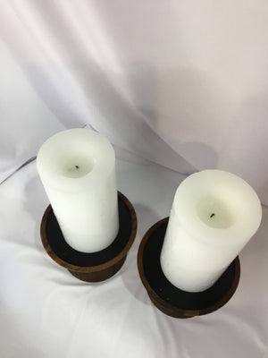 Crate & Barrel Pair Brown/White Wood Pair Candle Holders