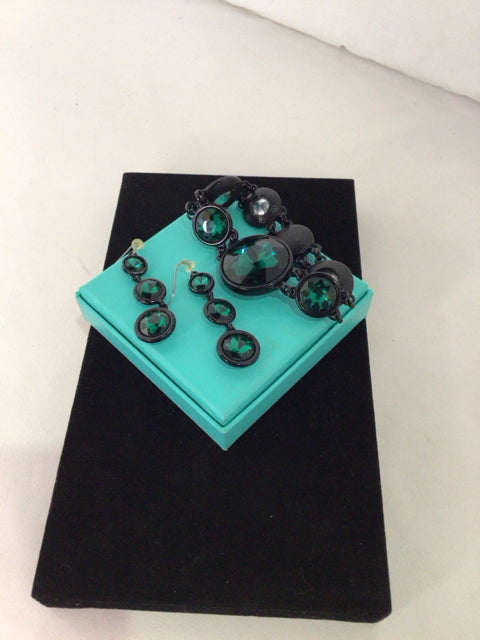 Vintage Metal Black/Green w/Earrings Crystal Bracelet