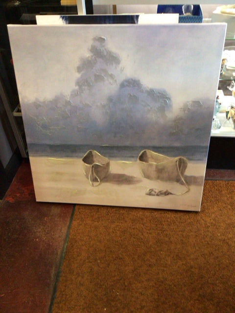 Blue/Tan Beach Boats Stretch Canvas Art