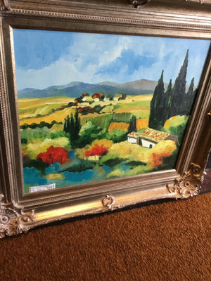 Signed Painting Multi-Color Canvas Mountains Countryside Framed Art