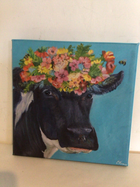 Signed Black/Multi Canvas Cow Flowers Stretch Canvas Art