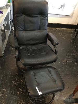 Mid-Century Leather 2 Piece Recliner Black Chair & Ottoman