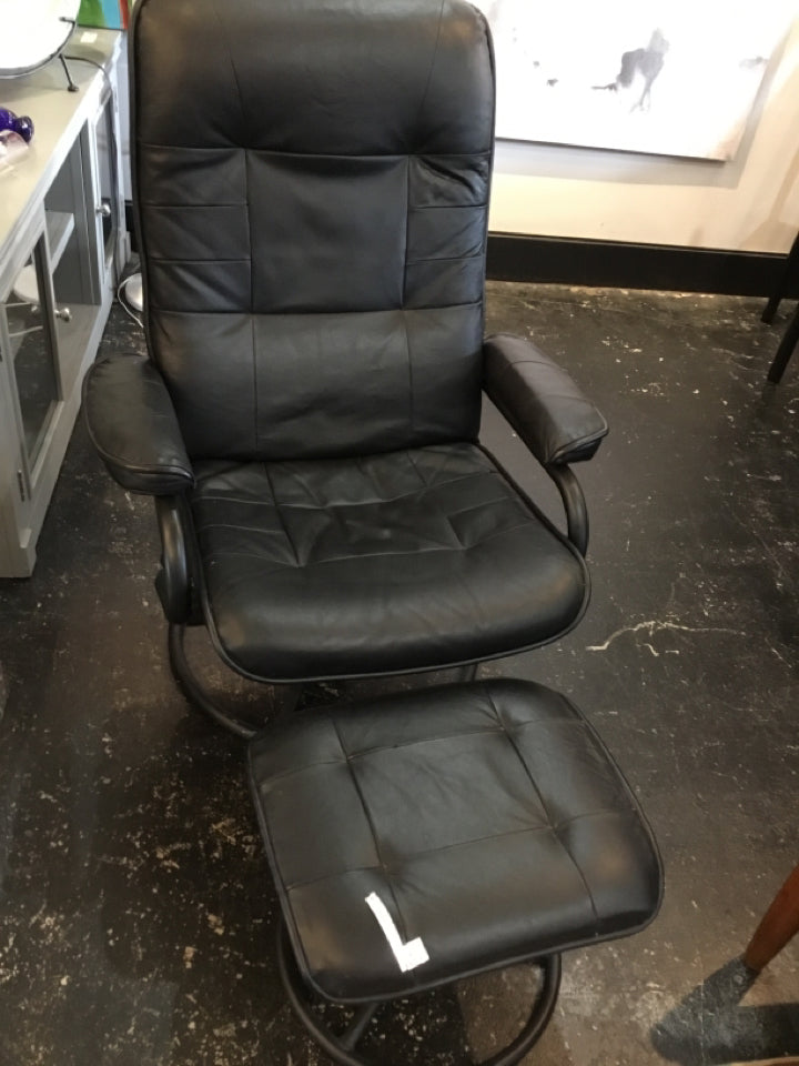 Mid-Century Leather 2 Piece Recliner Black Chair & Ottoman