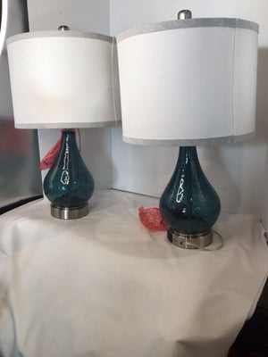 Pair Blue Glass Crackle Lamp Set