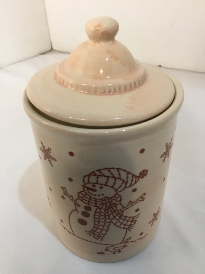 Jar Tan/Red Ceramic Snowman Holiday Item