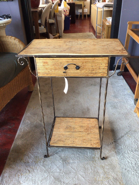 Stand Metal Base Bamboo Accent Black/Tan Table