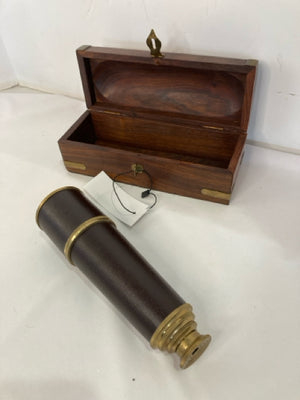 Nautical Brown/Gold Leather/Brass In Box Telescope