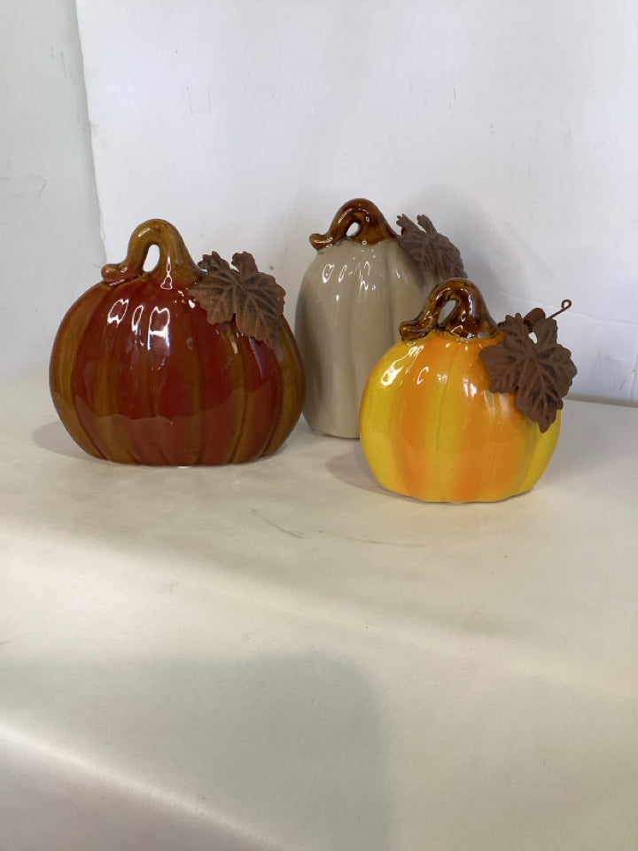 Fall Orange/Brown Ceramic Pumpkin Set of 3 Holiday Item