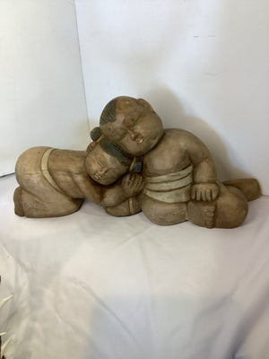 Asian Brown Wood Carved Babies Sculpture
