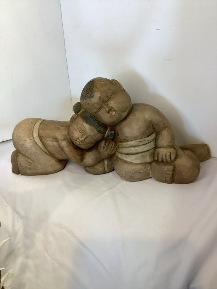 Asian Brown Wood Carved Babies Sculpture