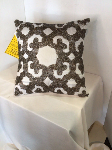 Calvin Klein White/Tan Beaded Pillow