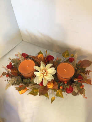 Candle Holder Orange/Brown Candies Flowers Holiday Item