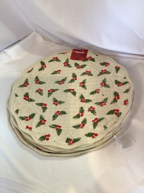 Placemats White/Red Cotton Set of 8 Holly Holiday Item