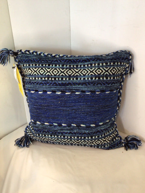 Blue/White Cotton Tassels Down Filled Pillow