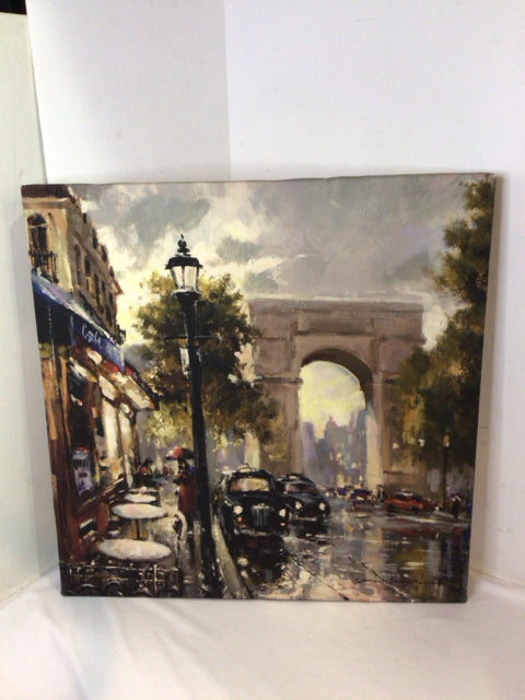 Tan/Blue City Scape Arched Stretch Canvas Art