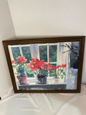 Signed Red/white Poinsettia Framed Art