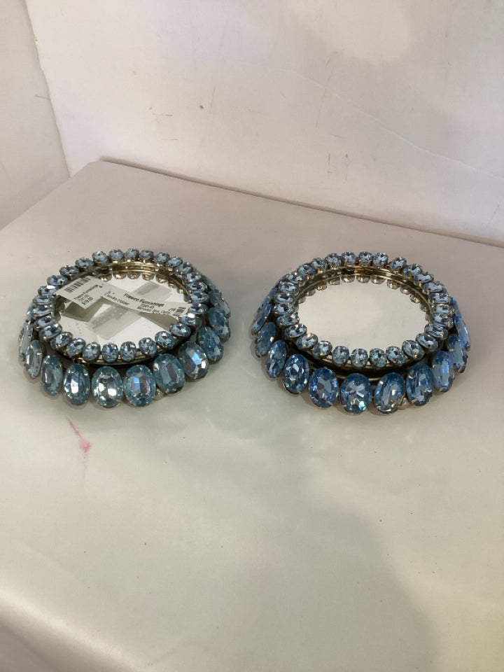 Mirrored Blue Gems Circular Set of 2 Candle Holder