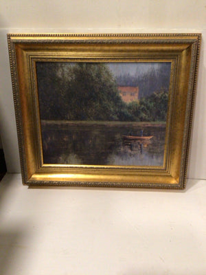 Blue/Green Lake Boat Framed Art