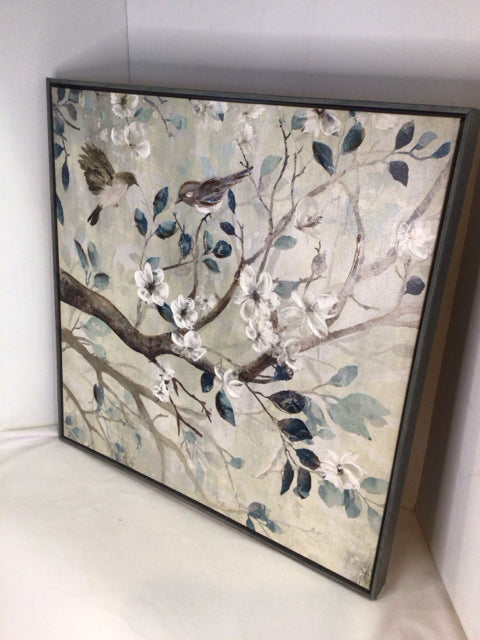 Blue/Brown Canvas Birds Flowers Framed Art