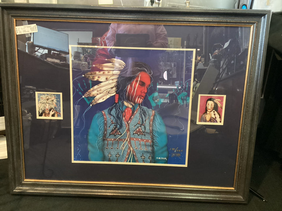 Signed Native American Blue/Red Indian Framed Art