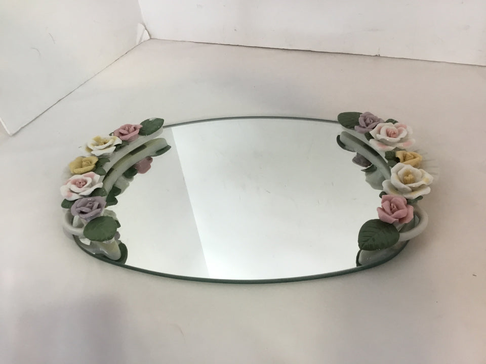 Mirrored Silver/Multi Porcelain Flowers Tray