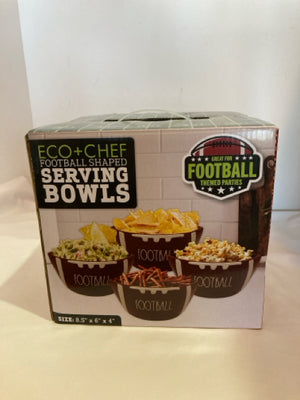 Set of 4 Brown/White Ceramic Football Bowl Set