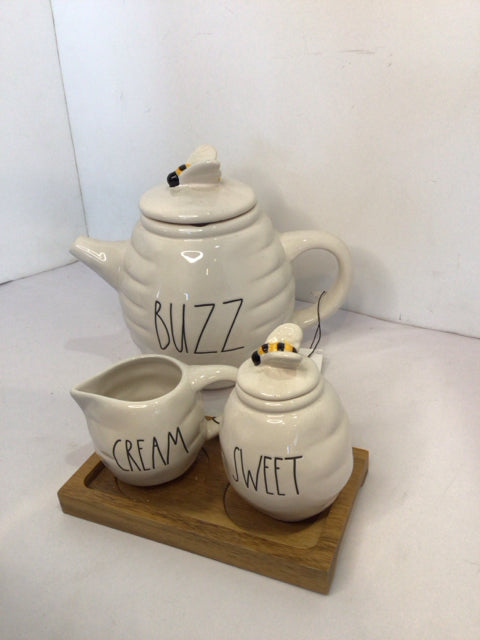 Rae Dunn Teapot White/Black Ceramic Bee Tea Pot Set