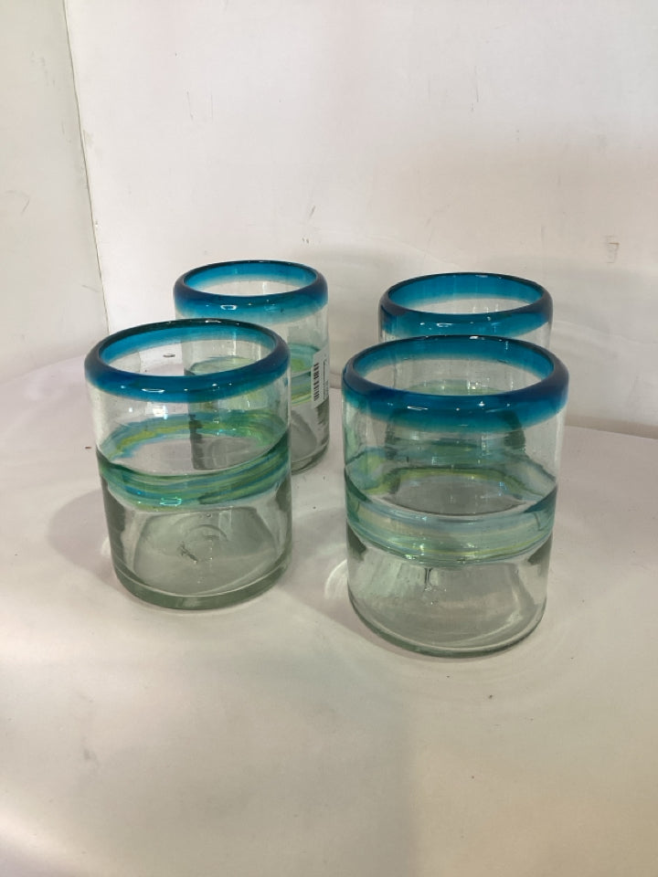Set of 4 Clear/Blue Glass Glasses