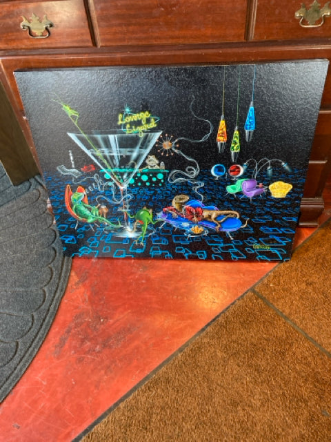 Signed Black/Multi Canvas Lizard Stretch Canvas Art