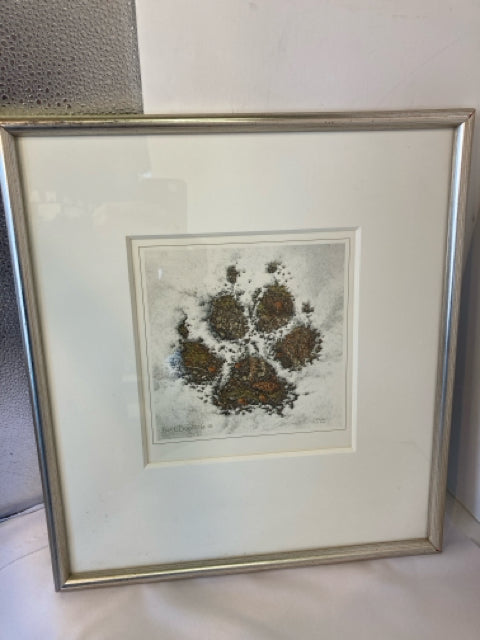 Signed Print White/Brown Paw Prints Framed Art