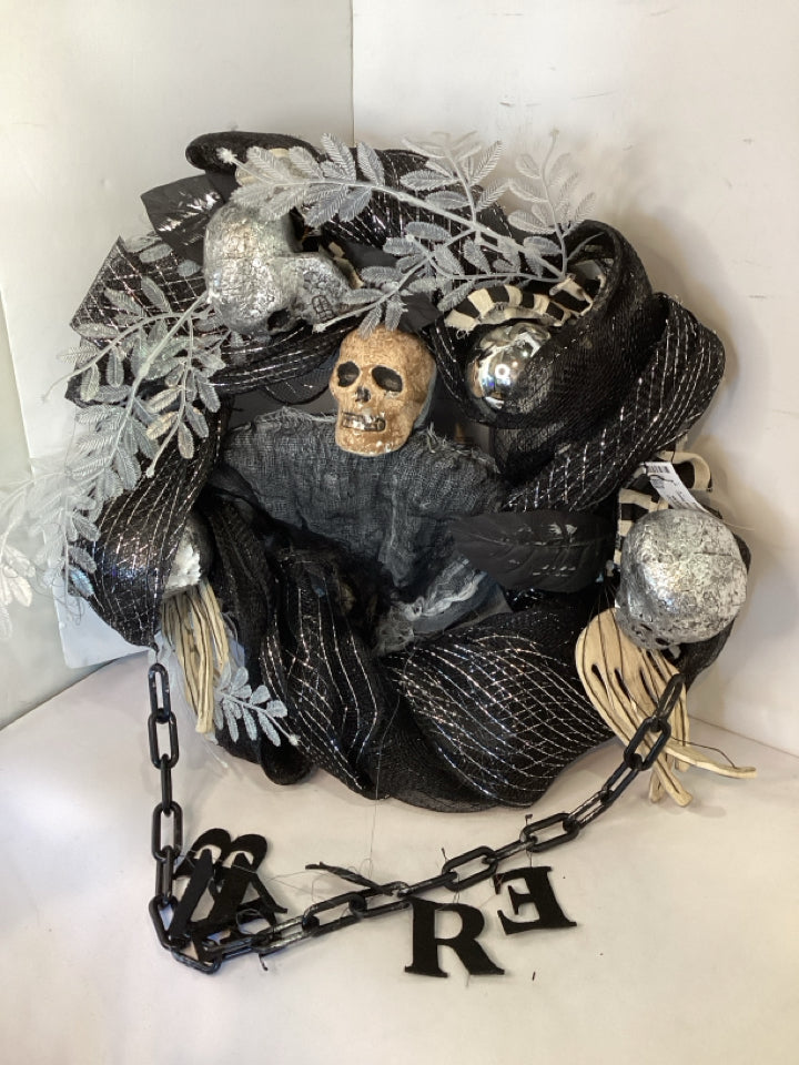Halloween Black/Silver Ribbon Wreath Skull Holiday Item