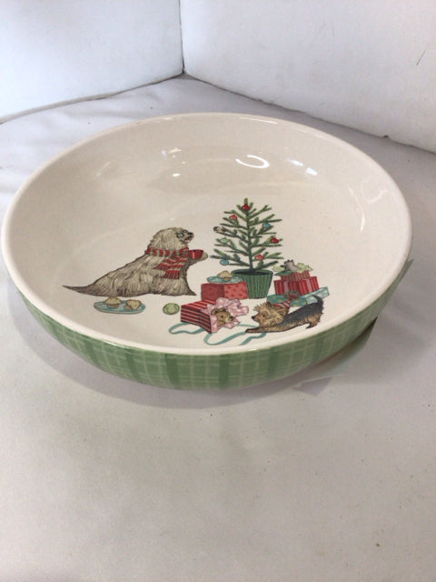PIER 1 Christmas White/Multi Ceramic Bowl Dogs Holiday Item