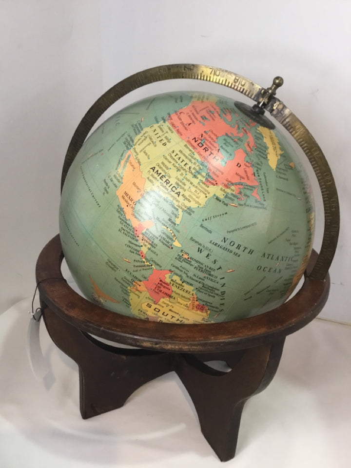 Vintage Blue/Multi Wood World On Stand Globe